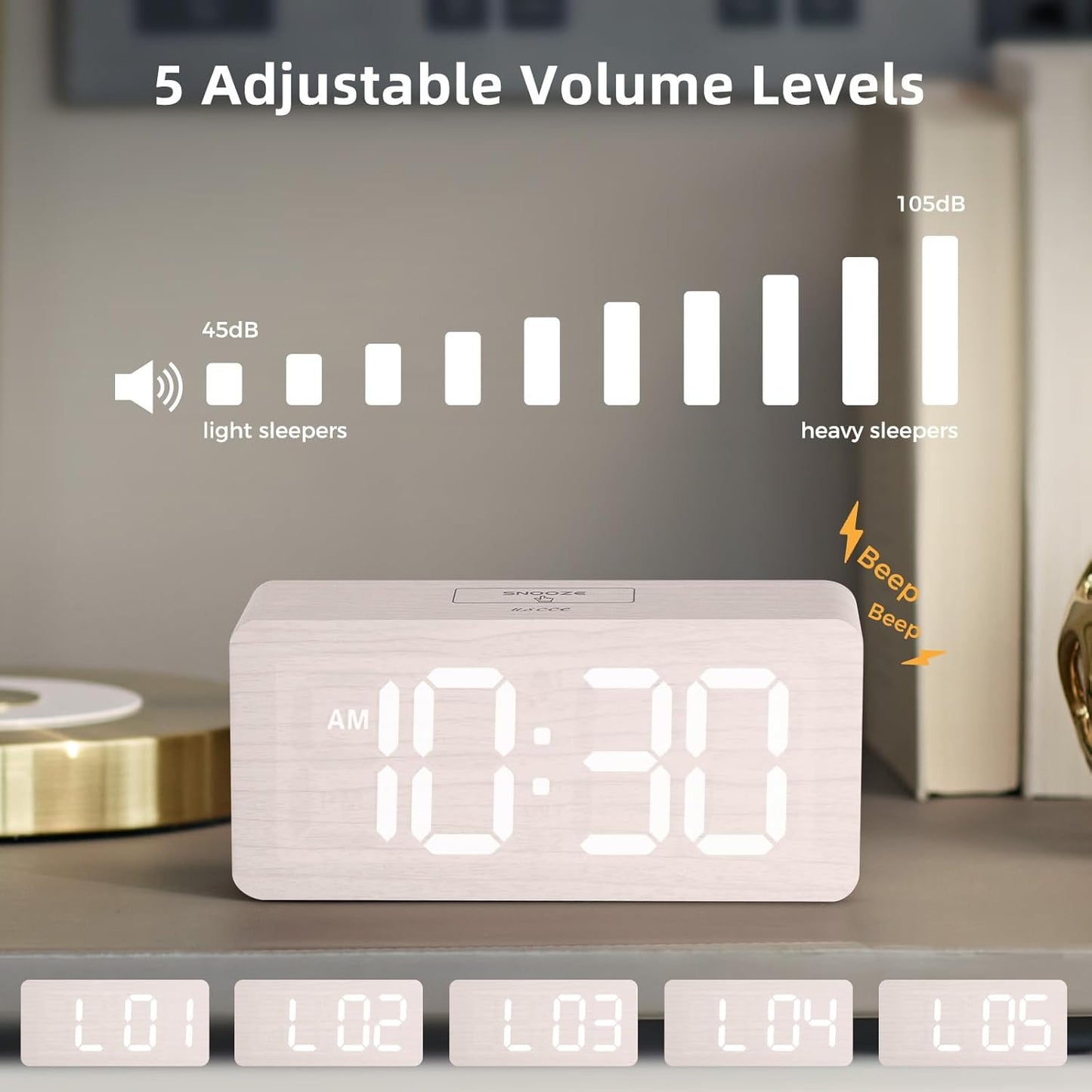 Purilite Select Wooden Digital Alarm Clock with Large LED Display