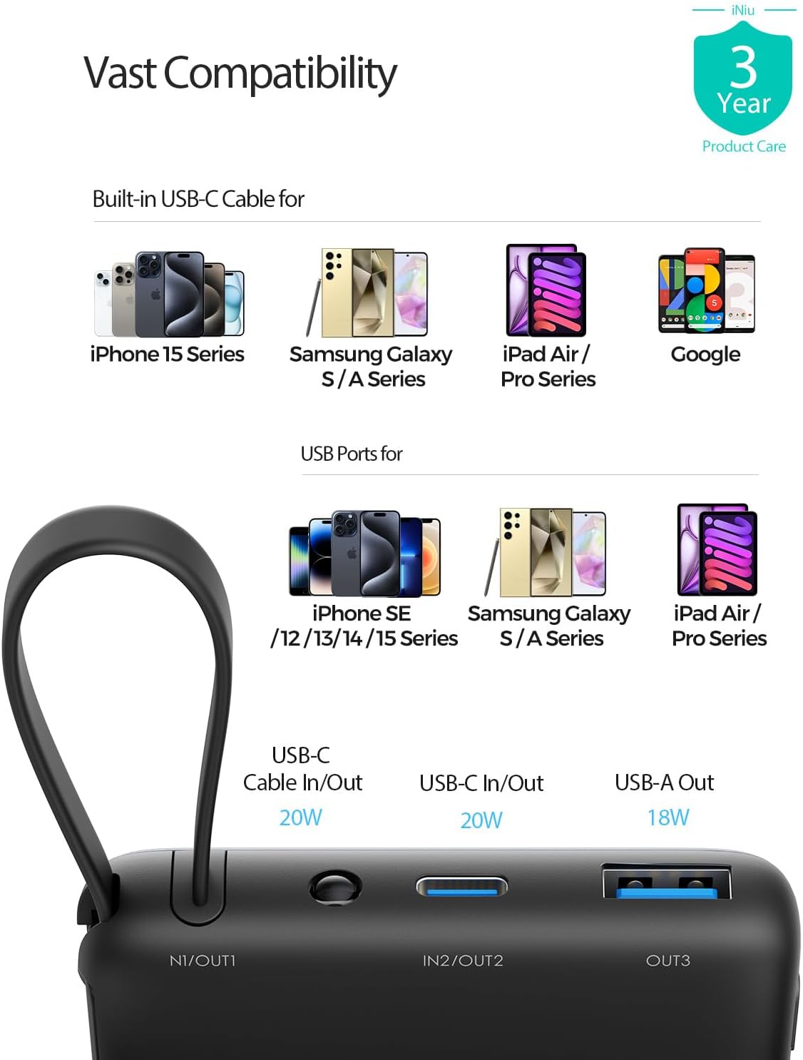 INIU Portable Charger, Ultra Slim 10000mAh PD 20W Power Bank with Built-in Cable, External Phone Powerbank Compatible with iPhone 15/14/13/12/11, Samsung S22/S21, Google, AirPods, iPad, etc.