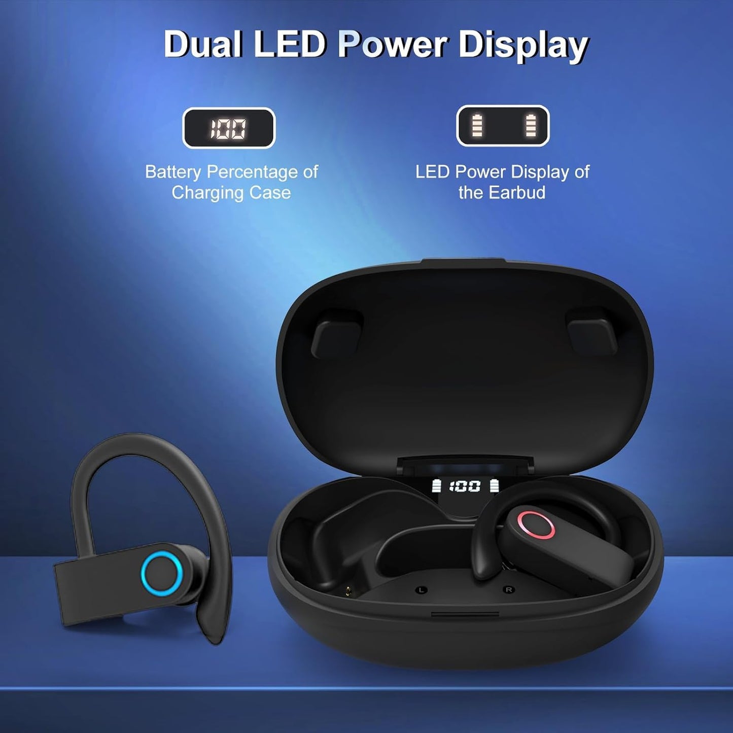 Wireless Earhooked Earbuds Bluetooth Headphones with IPX6 Waterproof,50H Playtime HiFi Stereo & Battery Display Case & Comfort Fit in-Ear Earphones for Workout/Running/Sport