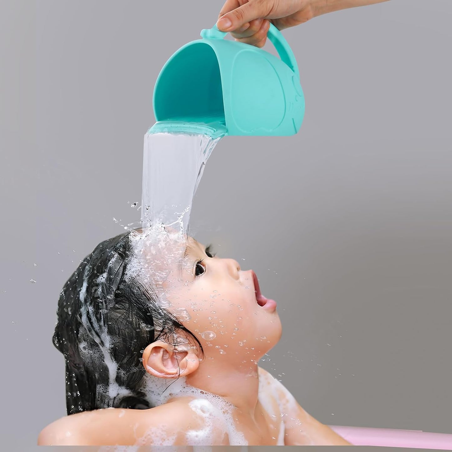 PandaEar Baby Bath Rinse Cup, Silicone Baby Shampoo Rinse Cup with 2 Baby Bath Sponge and 2 Cradle Cap Brush for Infants, Toddler Body Bath Essentials