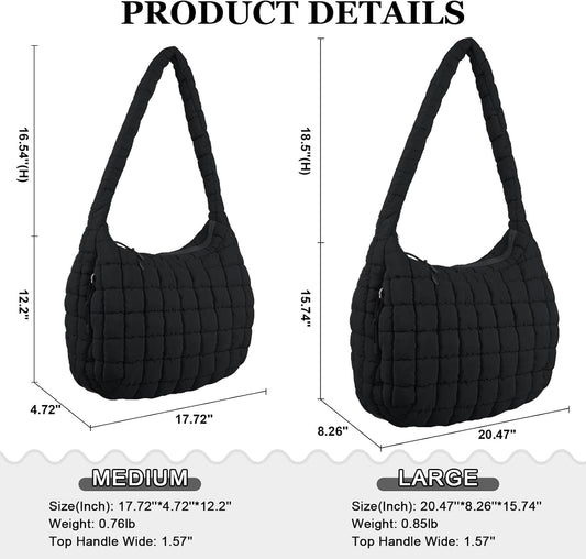Quilted Puffer Tote Bag Large Crossbody Shoulder Bag with Zipper, Nylon Hobo Oversized Handbag - PuriLite