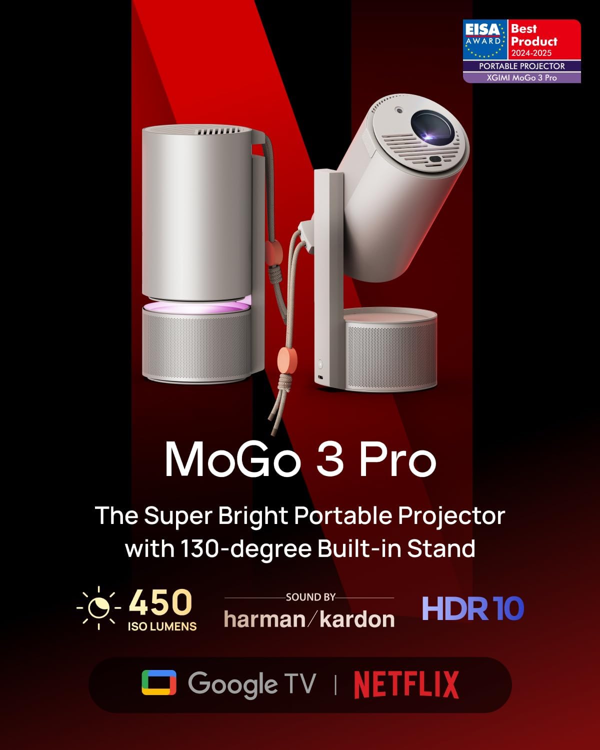 XGIMI MoGo 3 Pro 1080P Outdoor Projector, Google TV with Licensed Netflix, Build-in Adjustable Stand, Portable Projector Supports Power Banks, 450 ISO Lumens, ISA 2.0, 2 x 5W Harman Kardon