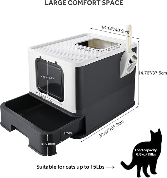 Foldable Cat Litter Box, Top Entry Kitty Litter Box with Lid & Scoop Extra Large Space Enclosure Toilet (Black) - LIVINGbasics - PuriLite
