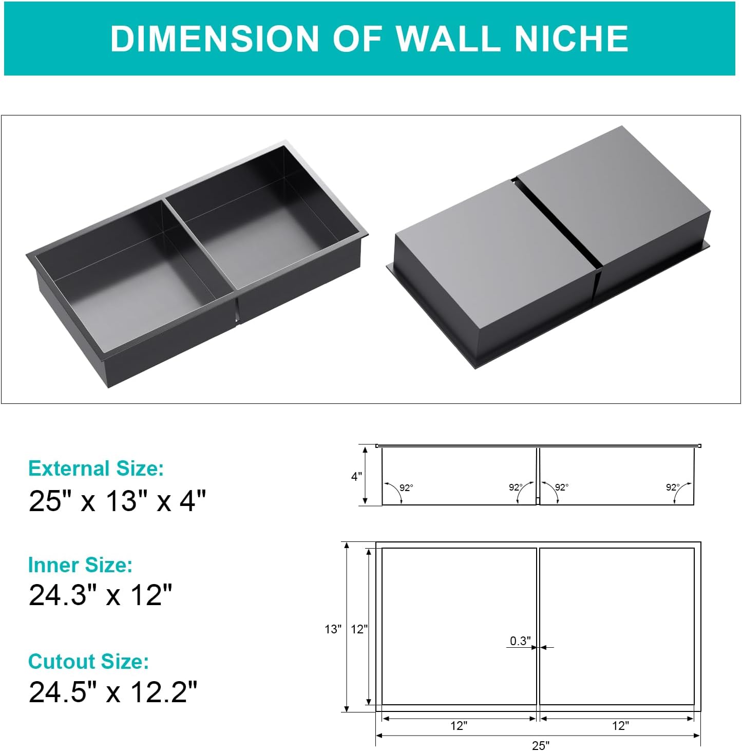 MENATT No Tile Shower Niche, Stainless Steel Wall Niche 13"X19"(Inner Size 12"X18"), Two-Tier Bathroom Shelf, NO Tile Needed Recessed Niche Shower for Bathroom Storage, Black