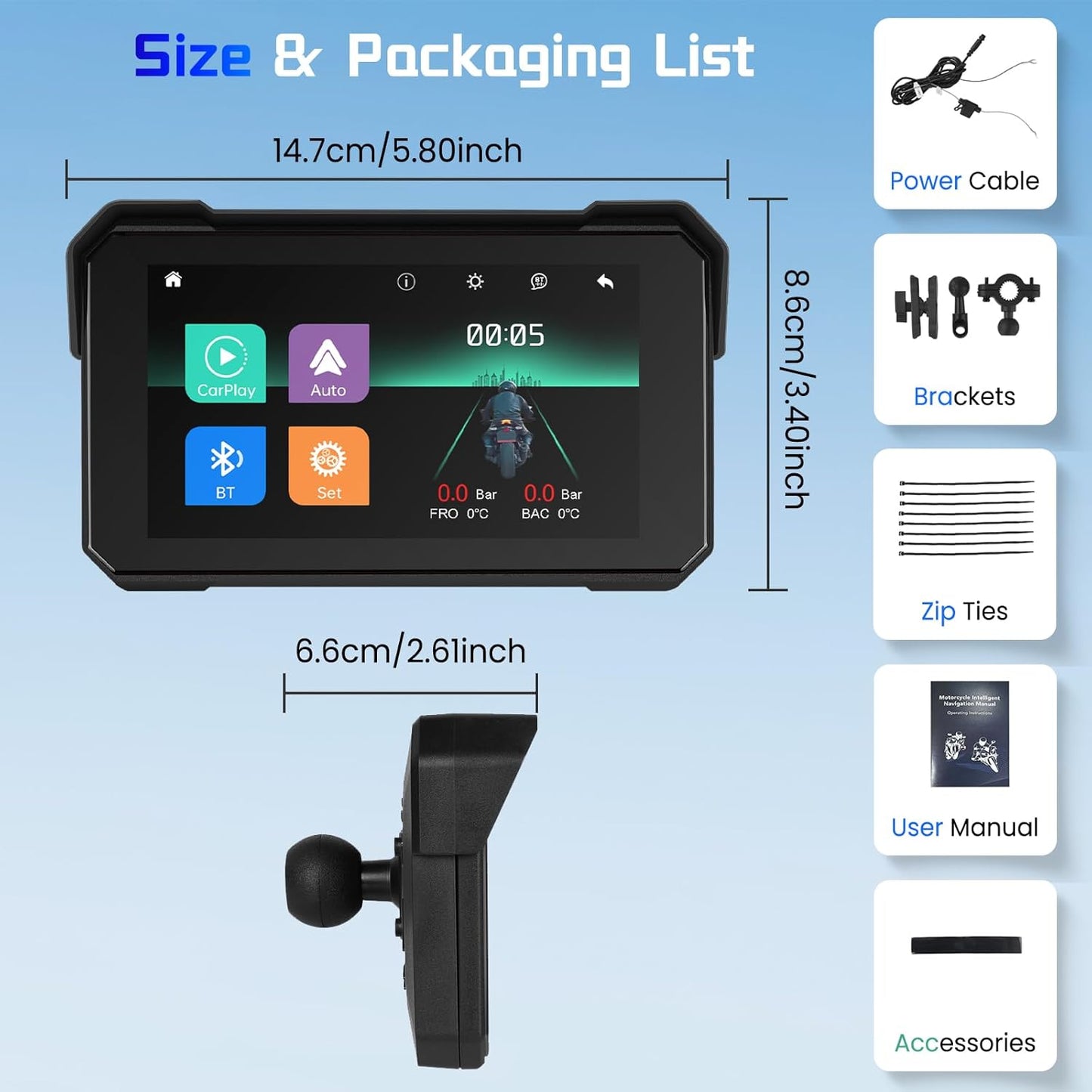 5 Inch Motorcycle CarPlay Screen - Wireless CarPlay/Android Auto/Mirror Link, IP68 Waterproof Touchscreen with Adjustable Mount, Bluetooth, Manual-Dimming HD Display for Motorcycles