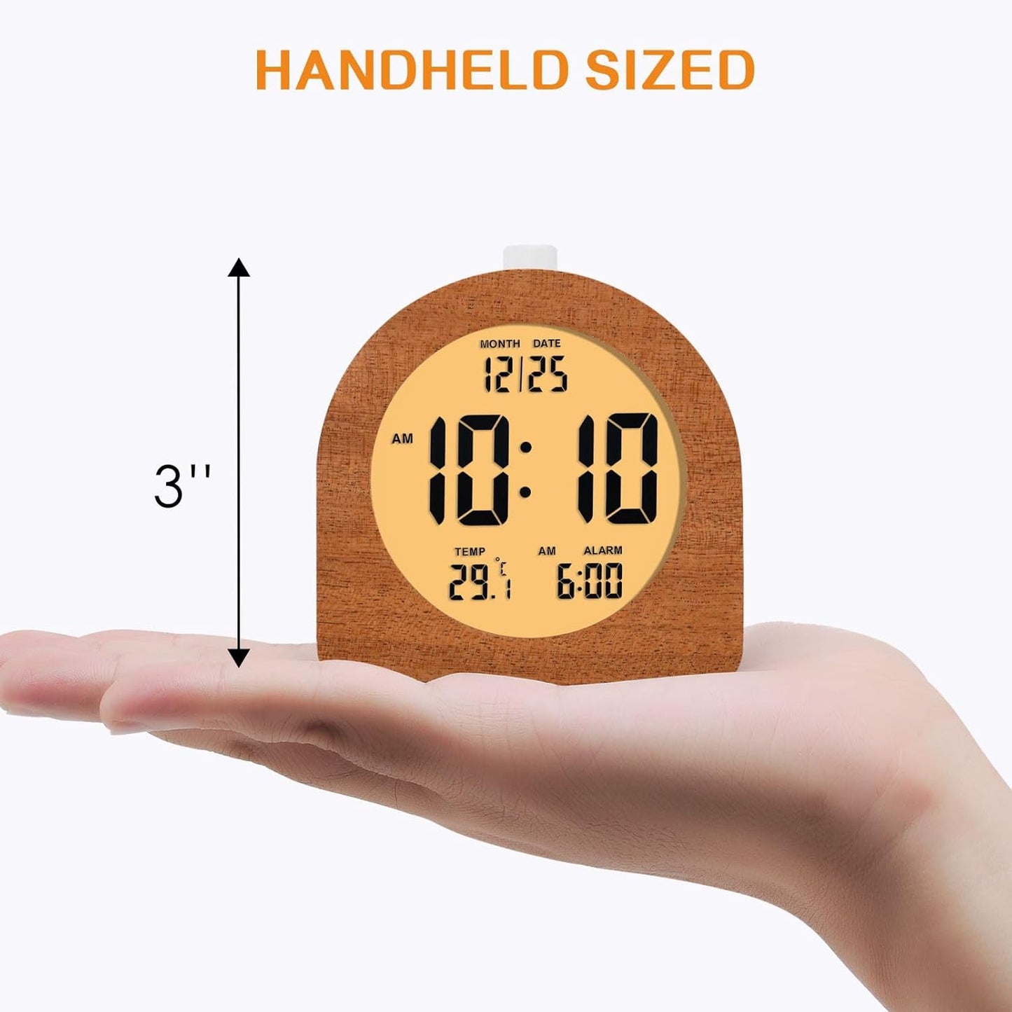 Plumeet Wooden Digital Alarm Clock for Bedrooms, Wood 4'' Battery Powered Alarm Clock with Snooze and Nightlight, Electronic LCD Desk Clock Display Time, Date, Temp, 12/24H, Wood Décor (Sapele, 3.2'')
