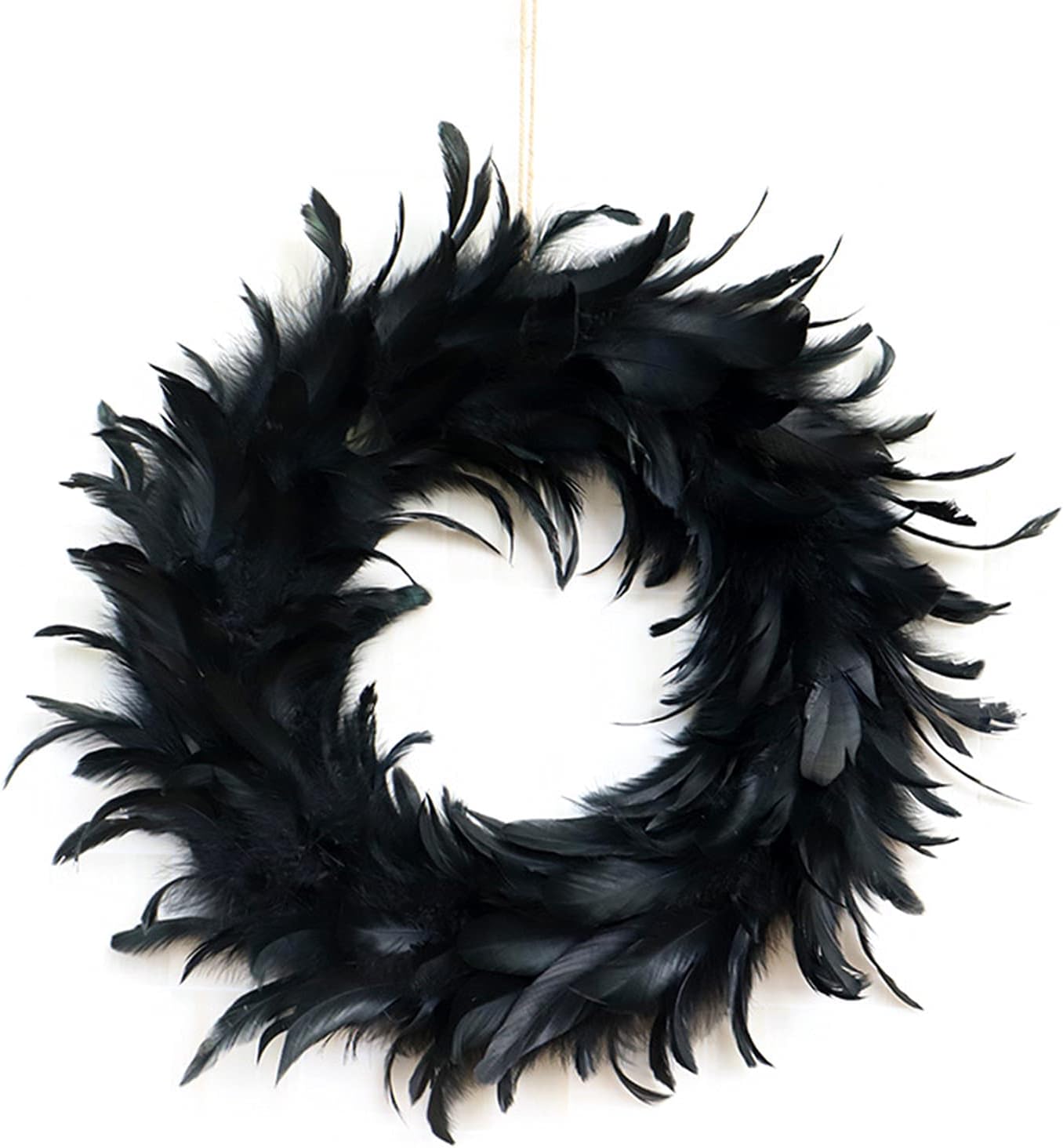HLTER Halloween Feather Wreaths, Simulation Black Cocktail Feather Wreath, 40CM Front Door Wreath for Spooky Scene Party Halloween Decorations
