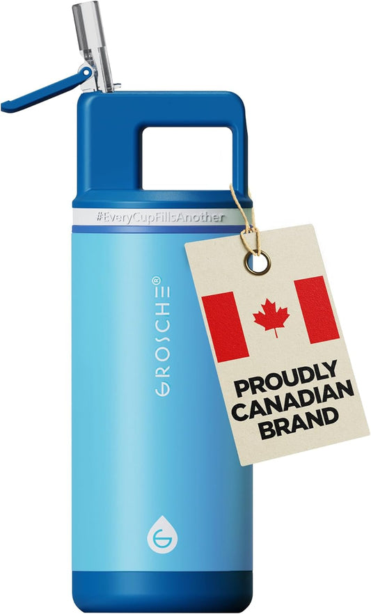 GROSCHE Alpine Flip 'N Sip 16oz Insulated Water Bottle - Stainless Steel, Leakproof Flask with Straw - Perfect for Gym, Travel, Sports & Outdoor Use, Canadian Brand! - 16 fl. oz, Scuba Blue - PuriLite