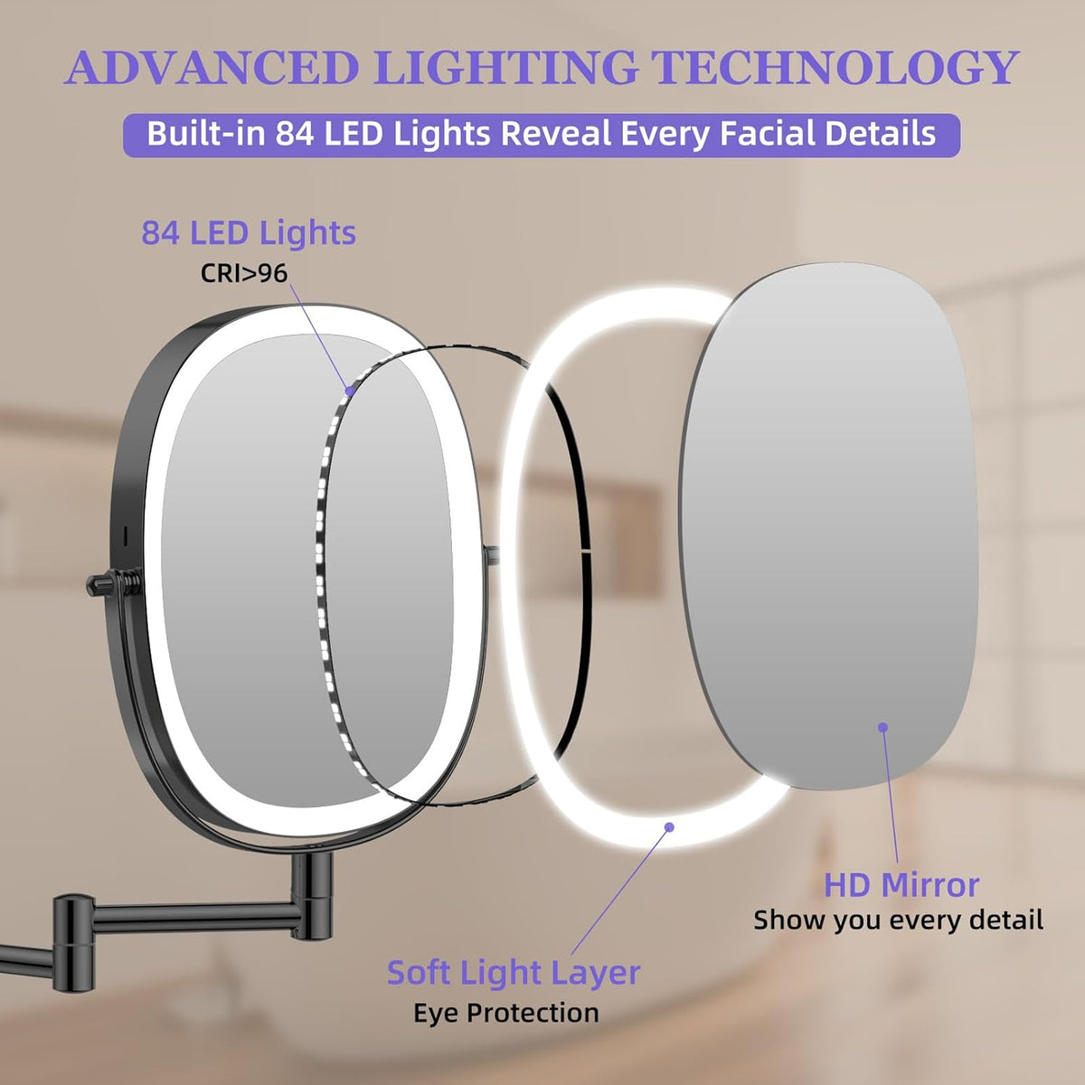 FUNTOUCH 5000mAh Rechargeable Wall Mounted Makeup Mirror, Double Sided Touch Switch 20X/1X Rectangle Wall Mounted Magnifying Mirror with Light, 3 Color Setting, Extended Arm 360°Swivel Foldable,Black