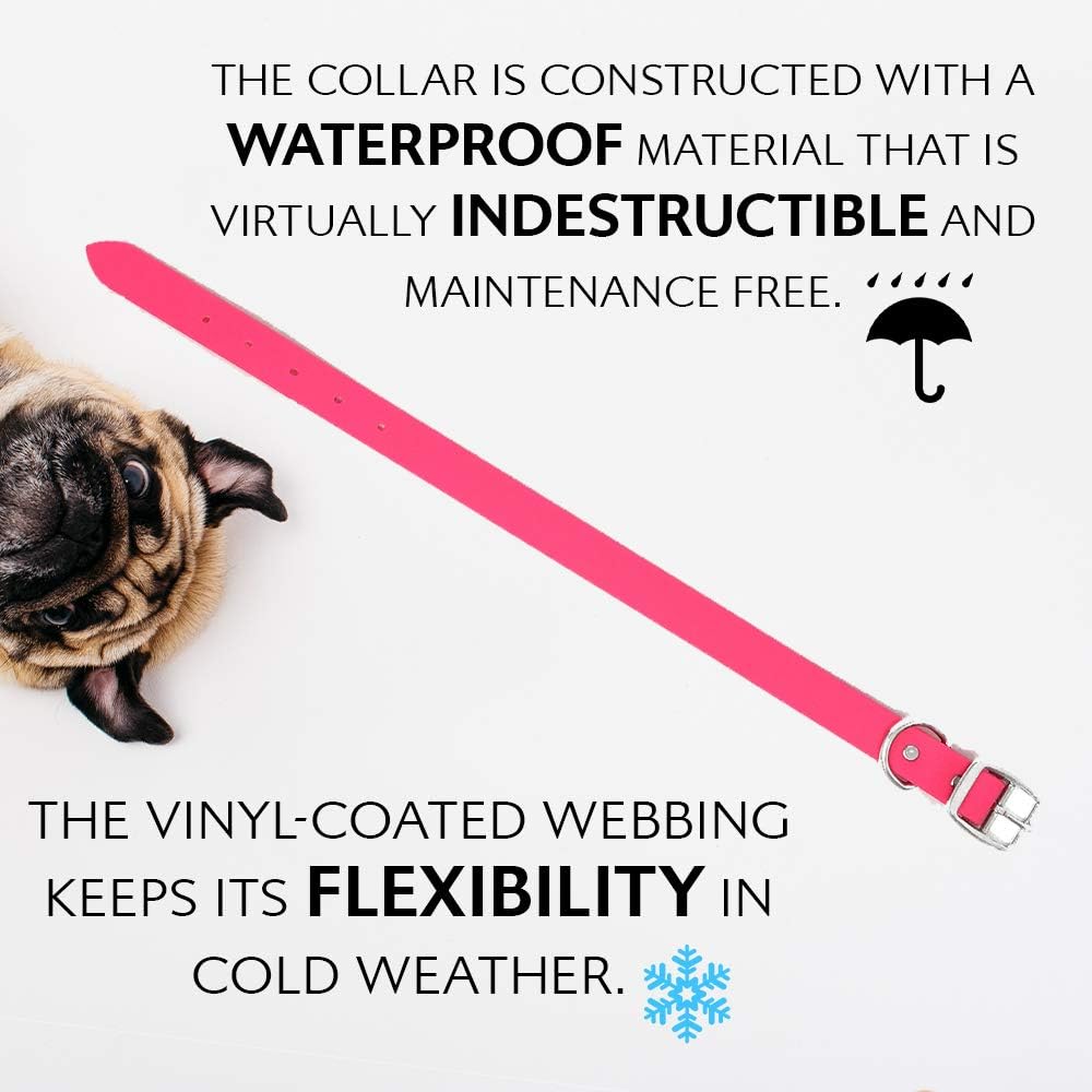 Regal Dog Products Large Pink Waterproof Dog Collar with Heavy Duty Double Buckle & D Ring | Vinyl Coated, Custom Fit, Adjustable Biothane Dog Collar | Chew Resistant Waterproof Collar for Dogs