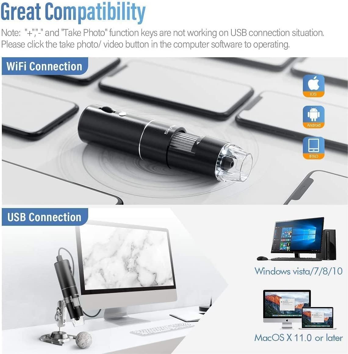SKYBASIC Wireless Digital Microscope,50X-1000X Magnification WiFi Portable Handheld Microscopes with Adjustable Stand HD USB Microscope Camera Compatible with iPhone Android iPad Windows Mac Computer