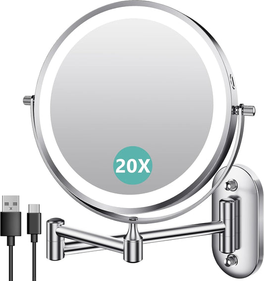 Auxmir 1X/20X Wall Mounted Makeup Mirror with Light, 3200mAh Rechargeable 8" Double Sided Magnifying Lighted Vanity Mirror, 3 Color Lights Dimmable Bathroom Wall Mounted Mirror Extendable Arm, Chrome - PuriLite