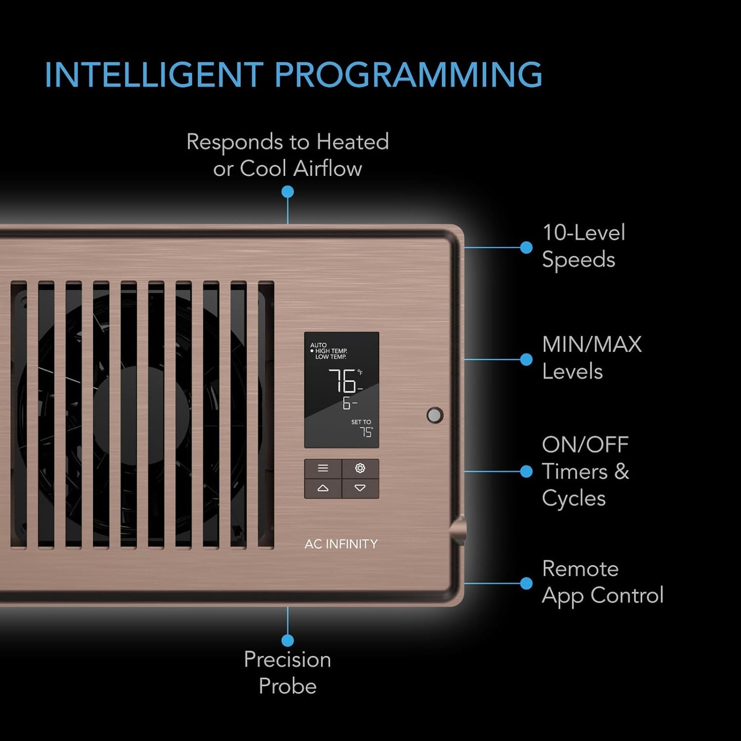 AC INFINITY AIRTAP T4, Quiet Register Booster Fan with Thermostat Control. Brown Bronze Vent. Fits 4 In x 10 In Registers.