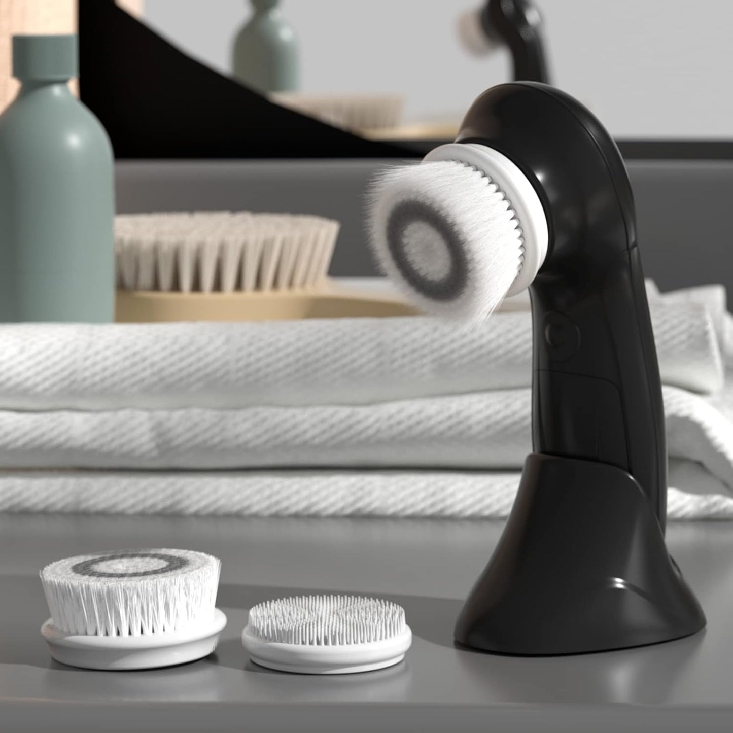 TOUCHBeauty Facial Cleansing Brush Electric, Face Cleansing Brush with Stand, 3 Brush Heads, 2 Speeds, IPX5 Waterproof, Battery-Powered, Suitable for All Skin Types, AG-0759D, White