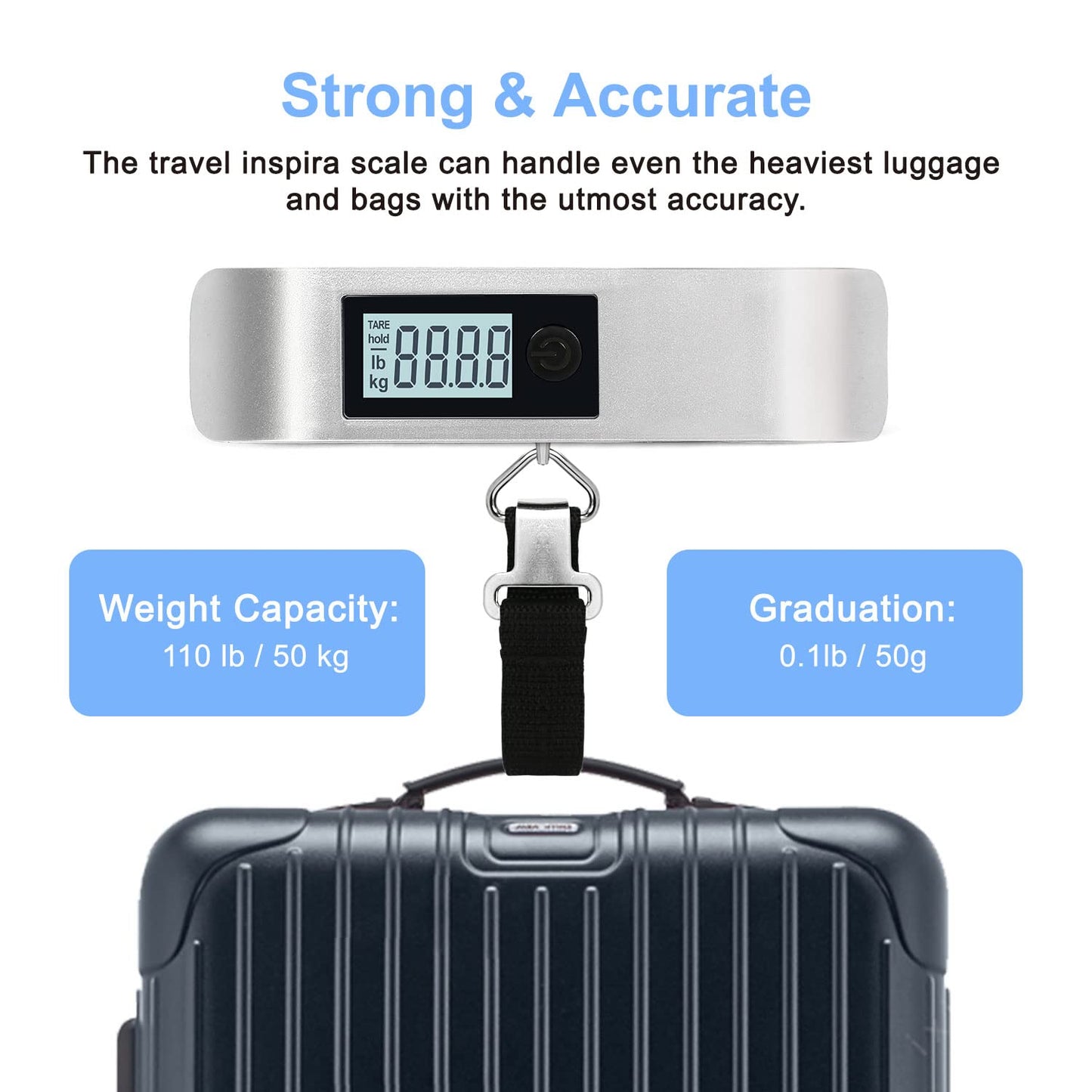 travel inspira Luggage Scale, Portable Digital Hanging Baggage Scale for Travel, Suitcase Weight Scale with Rubber Paint, 110 Pounds, Battery Included - Blue