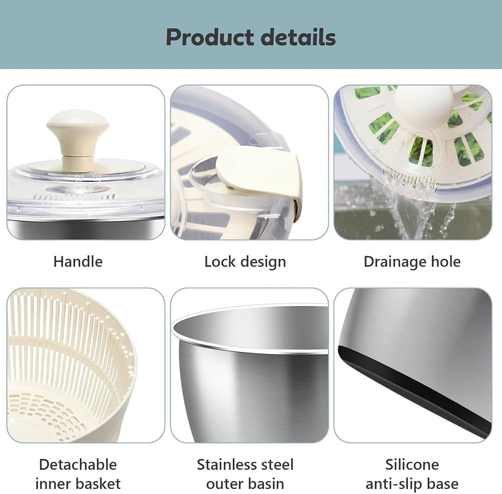 Cenroelon Stainless Steel Salad Lettuce Spinner Quick Manual Compact with Lid,Basin Drain Frame Non-Slip Base
