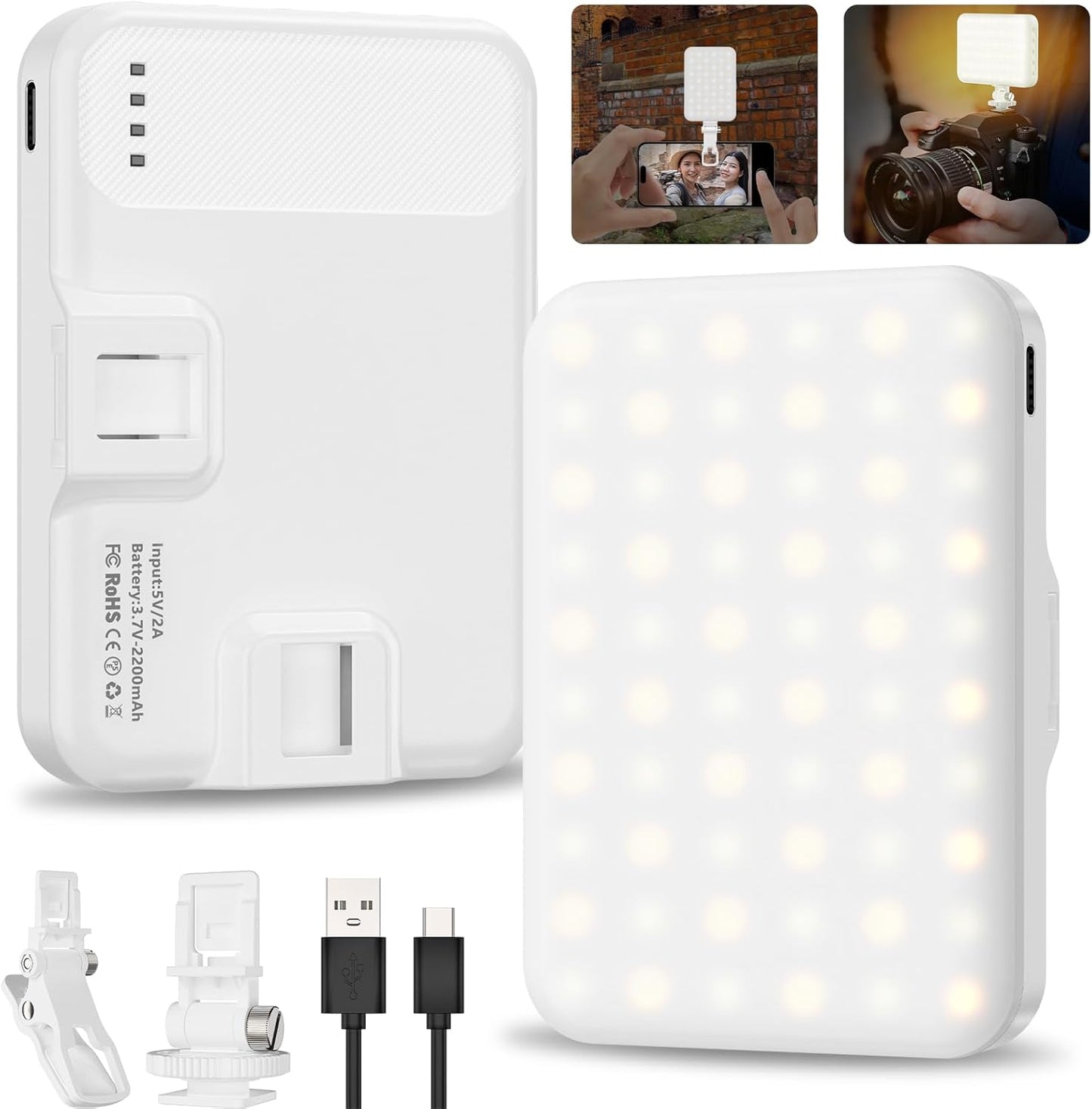 Anautin Selfie Light, 60 LED 2200mAh Rechargeable Clip Fill Video Light (White)