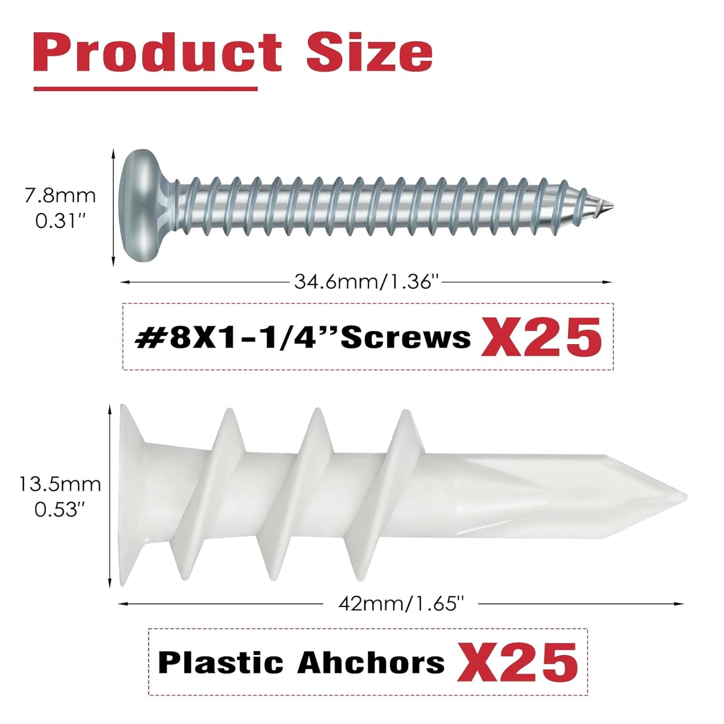 Spuspk #8 Self Drilling Drywall Anchors,120Pcs Wall Anchors and Screws for Drywall, 60 Self-Tapping/Threaded Plastic Sheetrock Anchors + 60#8 x 1-1/4'' Screws, 75LB Hanging and Mounting