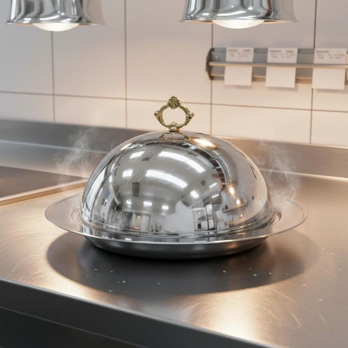 Stainless Steel Serving Platter with Lid High-End Cloche Serving Dome with Tray Decorative Handle Steak Plate Covered for Hotel, Restaurant, Buffet, Silver
