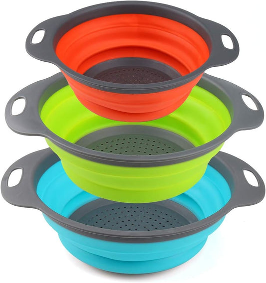Collapsible Colander, BESUNTEK Strainer Set Round Food Silicone Kitchen for Draining Pasta, Vegetable and Fruit 2 pcs 4 Quart and 1 pcs 2 Quart (Orange + Green + Blue)