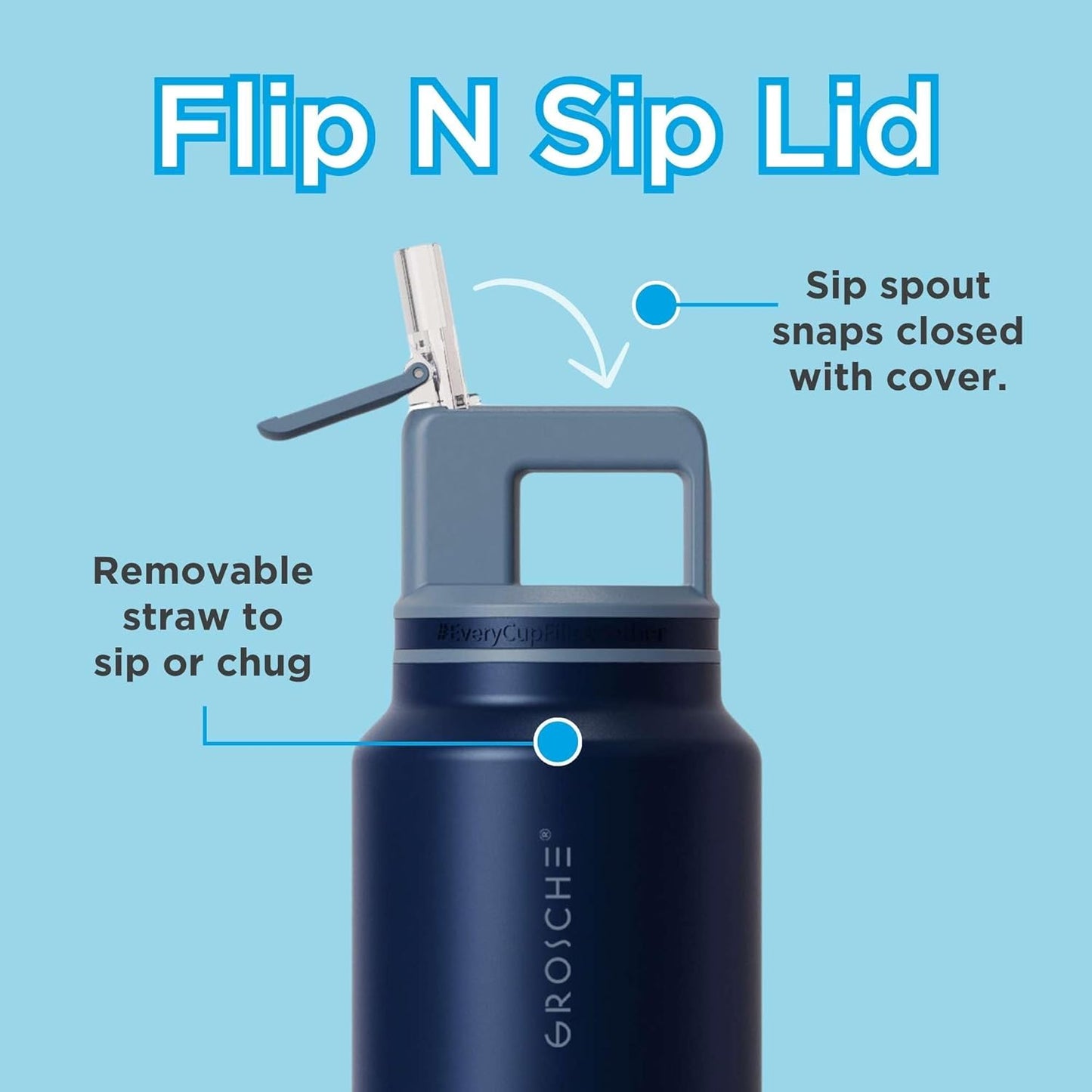 GROSCHE Alpine Flip 'N Sip 16oz Insulated Water Bottle - Stainless Steel, Leakproof Flask with Straw - Perfect for Gym, Travel, Sports & Outdoor Use, Canadian Brand! - 16 fl. oz, Scuba Blue