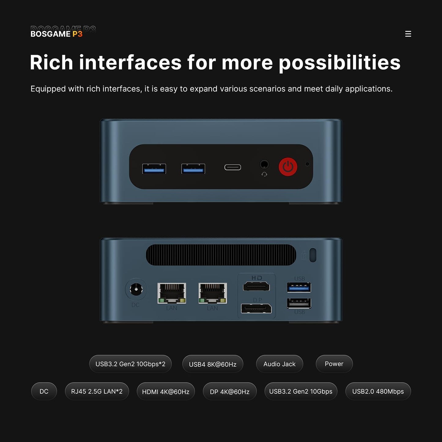 BOSGAME P4 Gaming Mini PC Ryzen 7 5700U 32GB RAM 1TB NVMe M.2 2280 SSD, 11-Pro OS Mini Computers, Micro PC 4K 60Hz Triple Display, HDMI+DP+Type-C, WiFi 6E, BT5.2, PD3.0, Dual 2.5GbE LAN