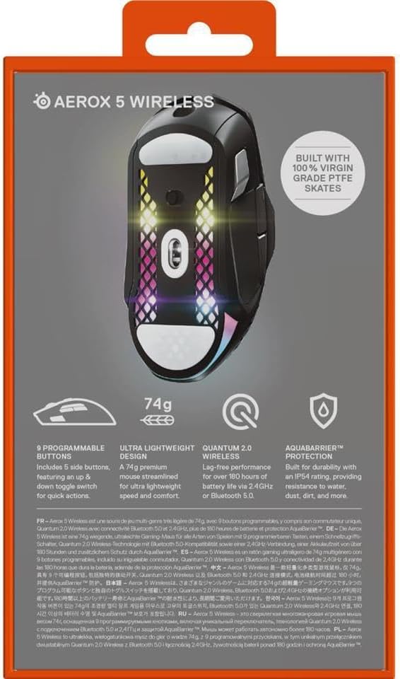 SteelSeries Aerox 5 Wireless RGB Gaming Mouse – Ultra-Lightweight Holey Design, 9 Programmable Buttons, Bluetooth & 2.4GHz, 18K DPI Optical Sensor, Water Resistant