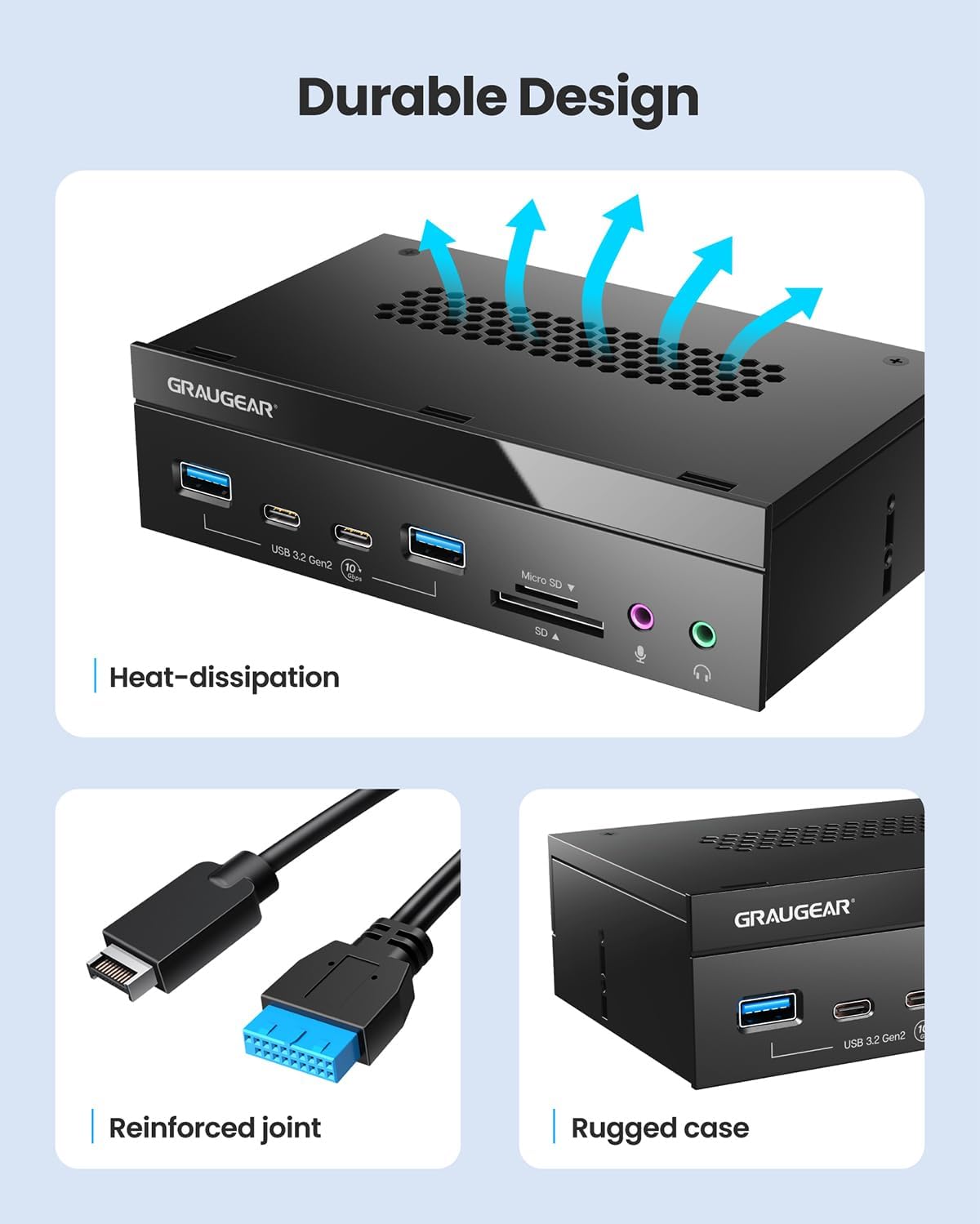 GRAUGEAR 5.25 Inch 10Gbps USB 3.2 PC Front Panel Card Reader with Audio Ports, SD/microSD Internal Card Reader, USB3.2 Type-E Key-A 20-Pin Header & USB3.0 Header & 15-Pin SATA Power Connector Required