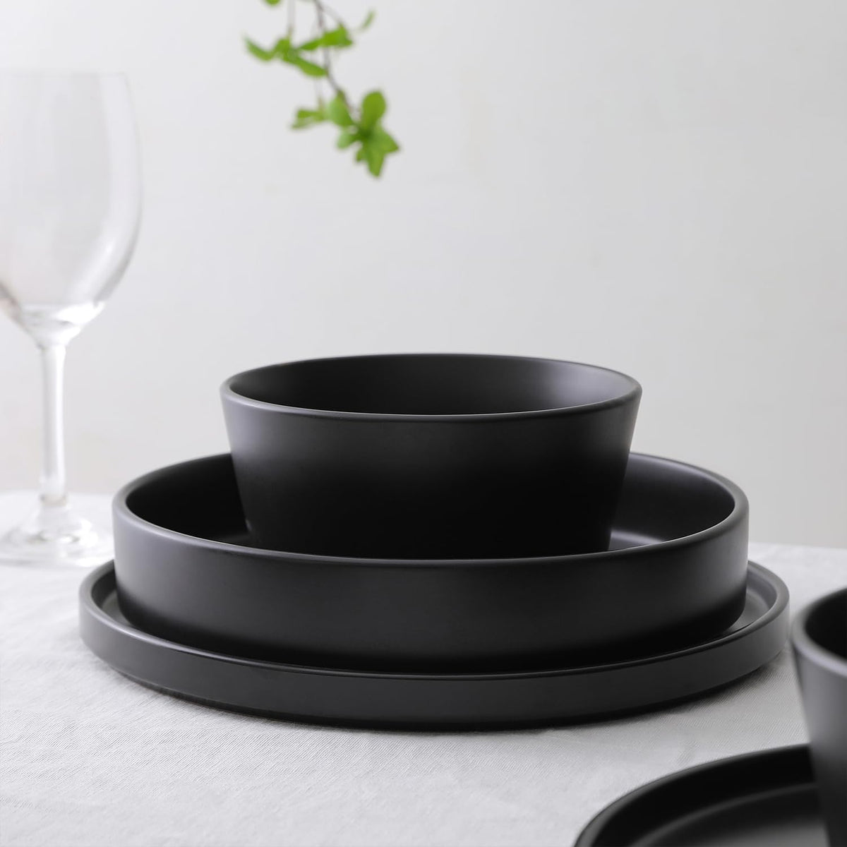 Stone Lain Celina Stoneware 12-Piece Dinnerware Set, Cereal and Pasta Bowls, Black