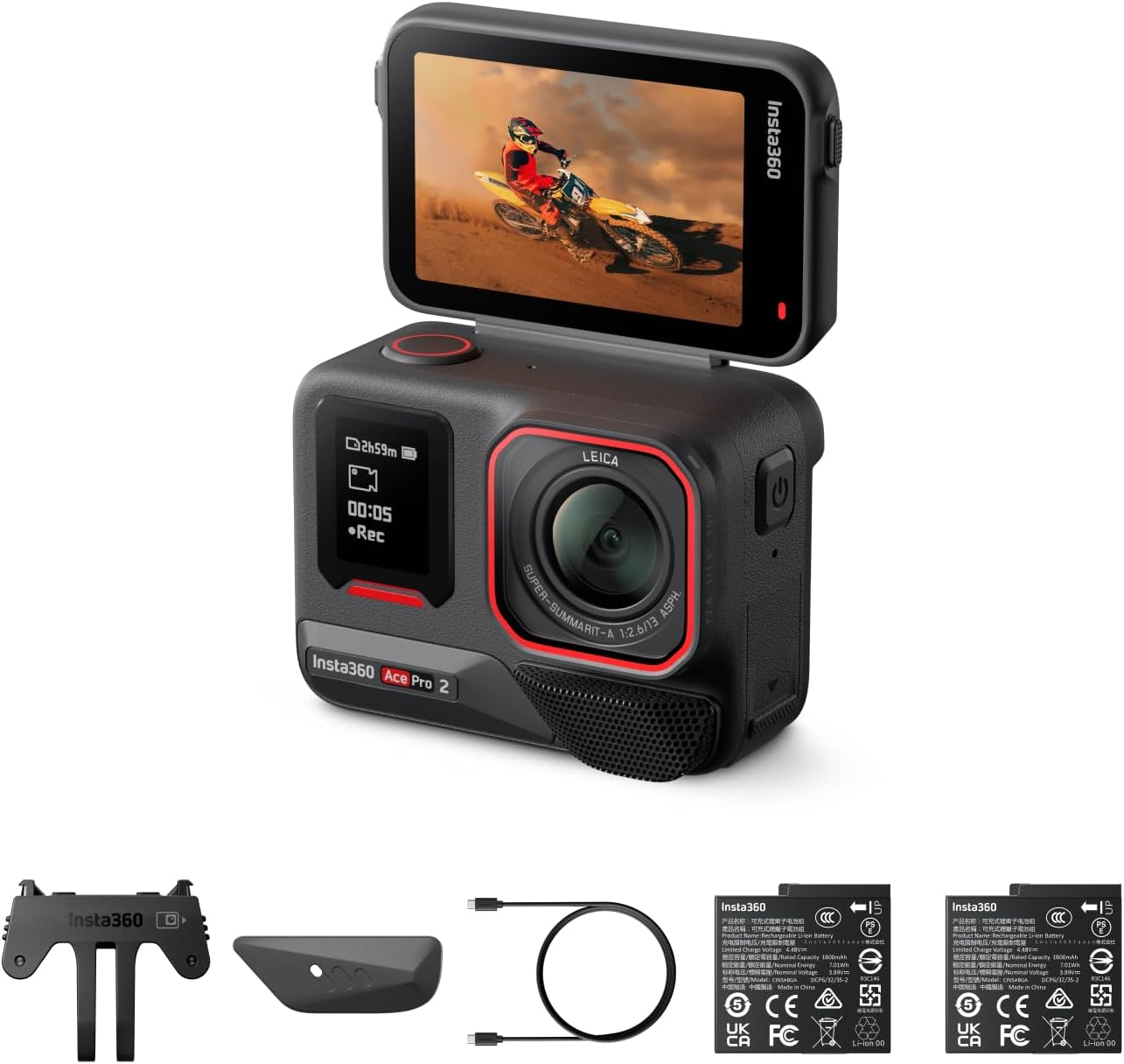 Insta360 Ace Pro 2 Get-Set Bundle- 8K Waterproof Action Camera Co-Engineered with Leica, 1/1.3" Sensor, Dual AI Chip, Leading Low Light, Superior Audio, Flip Screen & AI Editing, Dual Battery