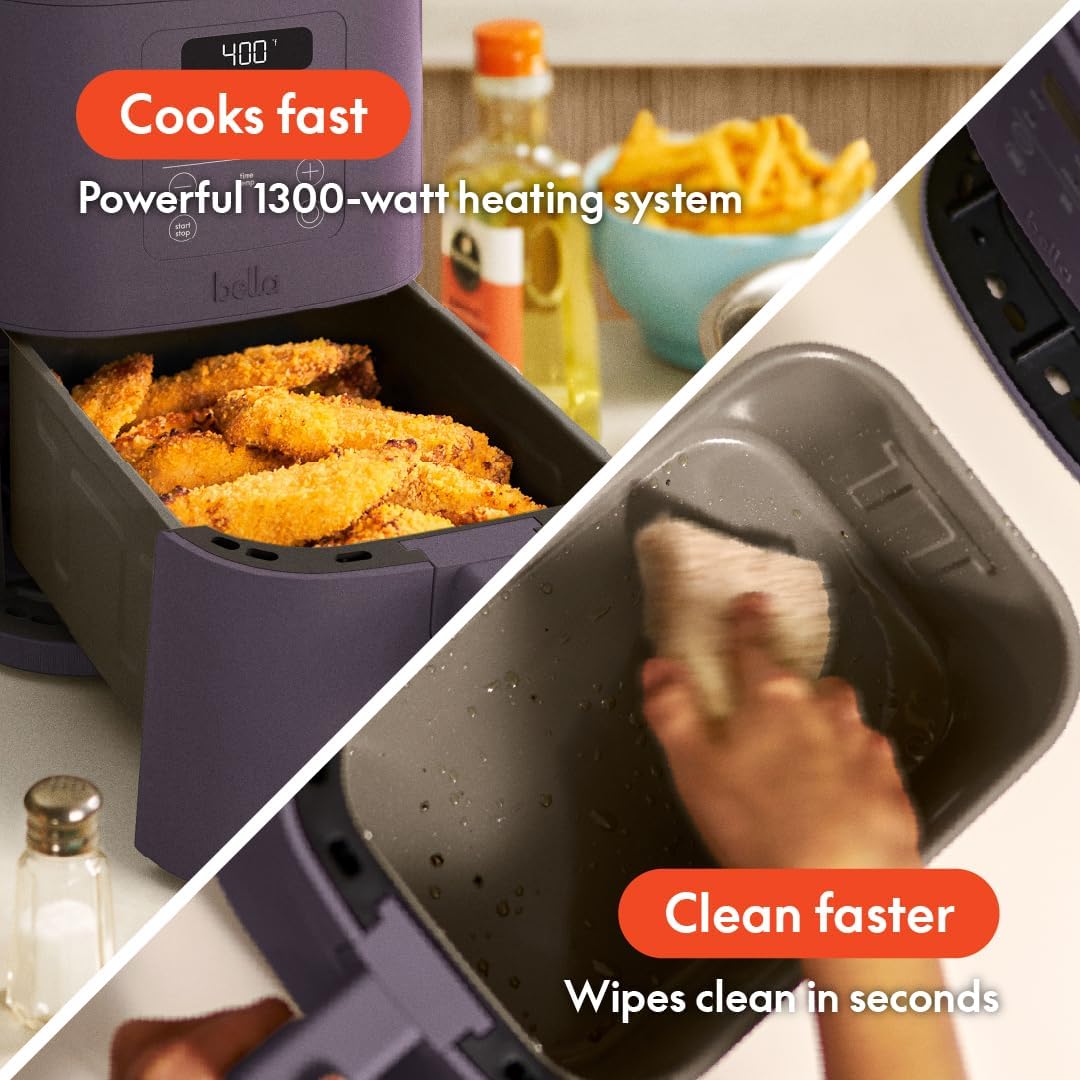 bella 4Qt Slim Air Fryer, Fits-anywhere Kitchenware, EverGood Ceramic Nonstick Coating, Adjustable Temperature, 6 Preset Cooking Options, 60 Min Auto Shutoff w Audible Tone, 3.3lb Capacity, Surf