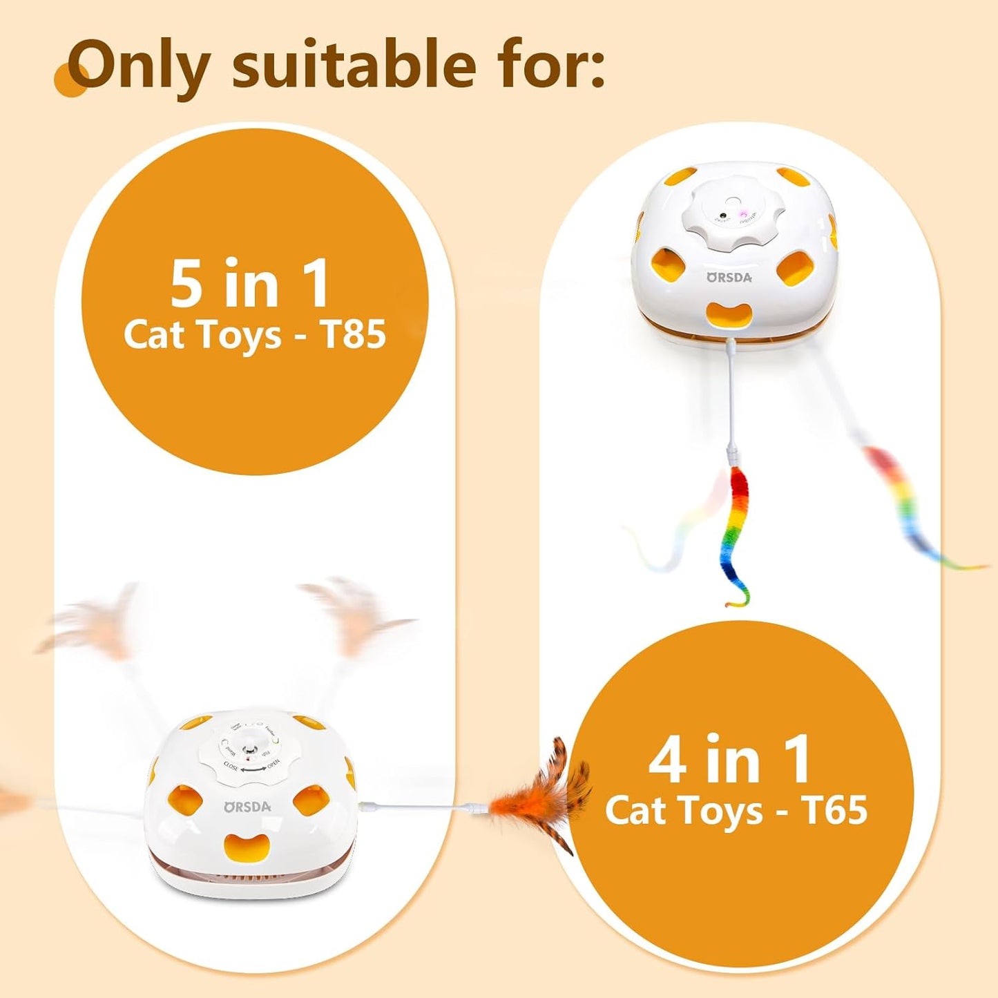 ORSDA Cat Toys Interactive, 4 in 1 Automatic Cat Toy, Hide and Seek, Whack a Mole, Magic Wand, Chasing Feather, with 4 Replacements, USB Rechargeable, for All Breed Sizes