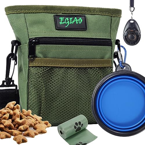 Dog Treat Pouch with Collapsible Dog Bowl, Training Clicker and Poop Bags, Treat Pouches for Pet Training, Built-in Poop Bag Dispenser, Waist Belt Clip, Puppy Treat Pouch Magnetic Closure - Black