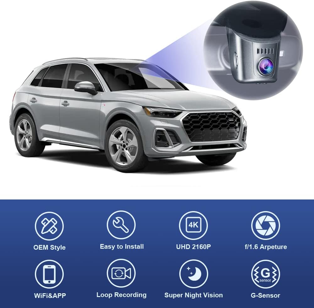 Fitcamx 4K Dash Cam Adapts for Audi 2019 2020 2021 2022 2023 2024 A3 A4 A5 A6 A7 A8 Q5 Q7 Q3 Q8 TT S3 S4 S5 S6 S8 S7 RS3 RS5 RS6 e-tron (Model A),OEM Factory Look,UHD Video WiFi,Parking Mode,64GB Card
