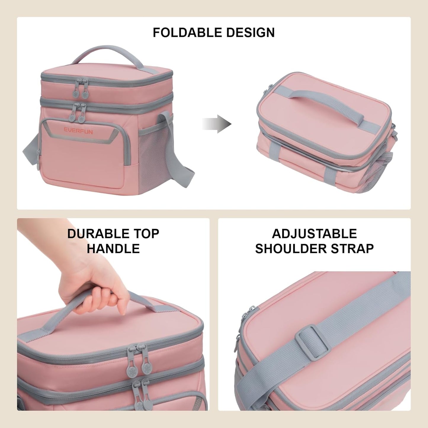 EVERFUN Cooler Bag Insulated Beach Cooler Lunch Bag Box for Men Women Dual Compartments Collapsible Waterproof Leak-Proof for Travel Work Picnic
