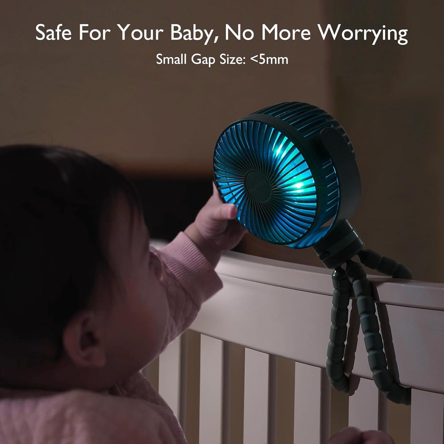 Momcozy Portable Stroller Fan, 27H Ultra-long Battery Life, Detachable 4 Speed 360°Rotate, LED Night Light with 2 Modes, USB Rechargeable and Handheld Cooling Fan for Travel, Car Seat