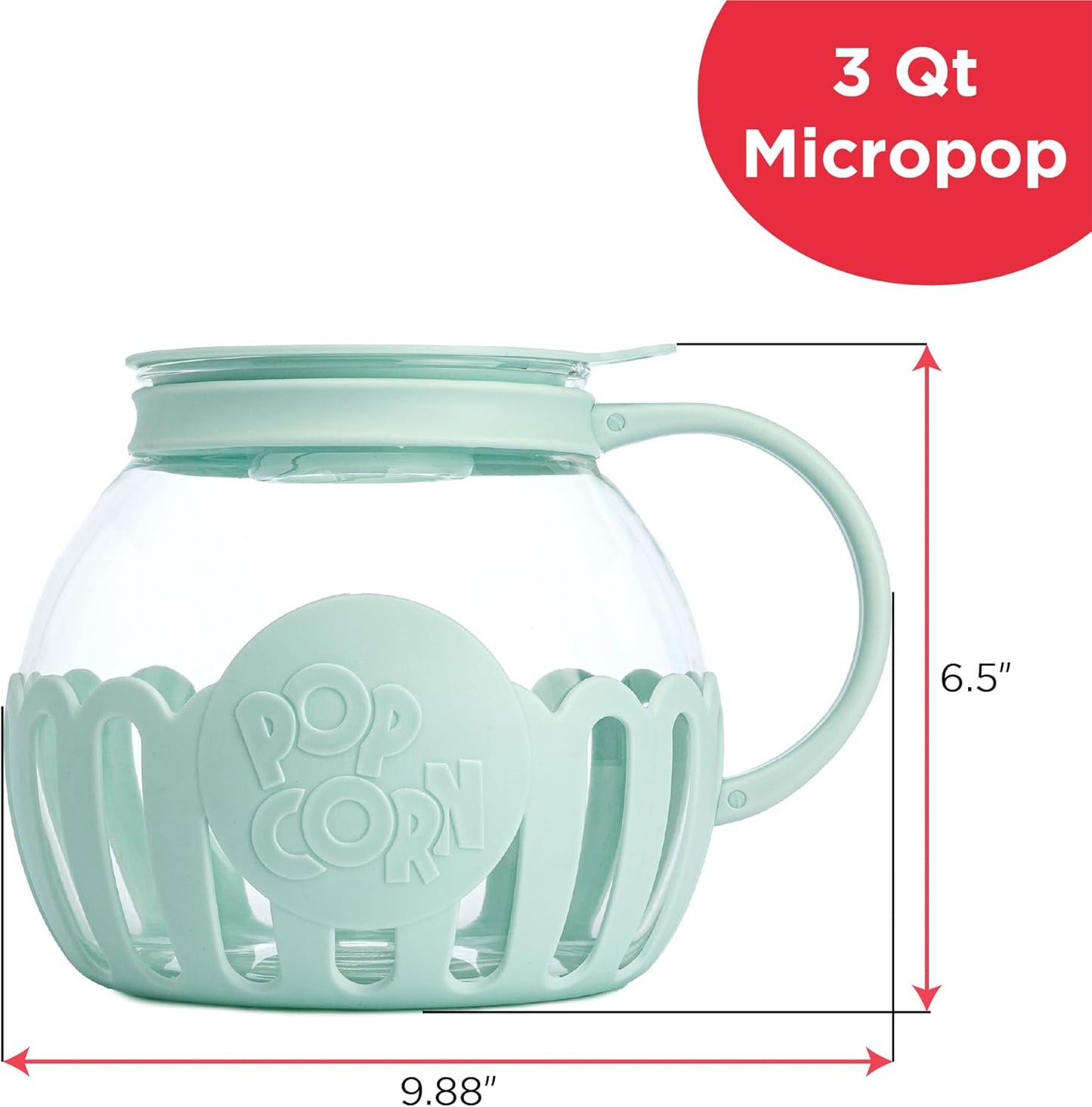 Ecolution Patented Micro-Pop Microwave Popcorn Popper with Temperature Safe Glass, 3-in-1 Lid Measures Kernels and Melts Butter, Made Without BPA, Dishwasher Safe, 3-Quart, Aqua - PuriLite