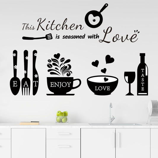 Rotumaty Kitchen Quote Wall Stickers Kitchen Seasoned with Love Wall Decals Wall Art Kitchen Utensil Decorations Wall Decor for Dining Room Home Office School Coffee Shop
