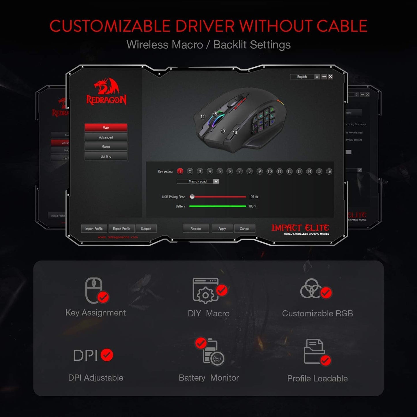 Redragon M913 Impact Elite Wireless Gaming Mouse, 16,000 DPI Wired/Wireless RGB Mouse with 16 Programmable Buttons, 45 Hr Battery and Pro Optical Sensor, 12 Side Buttons MMO Mouse