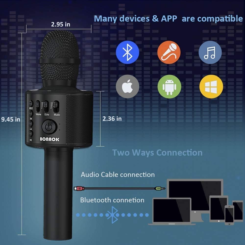 BONAOK Wireless Bluetooth Karaoke Microphone,3-in-1 Portable Instrument Wireless Microphone Mic Speaker Machine Home Party Birthday for All Smartphones(Black)