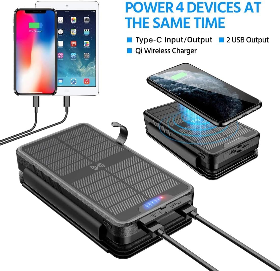 Solar Charger Power Bank - 38800mAh with Dual 5V3.1A Outputs 10W Qi Wireless Charger Waterproof Built-in 4 Solar Panel and Bright Flashlights (Deep Black)