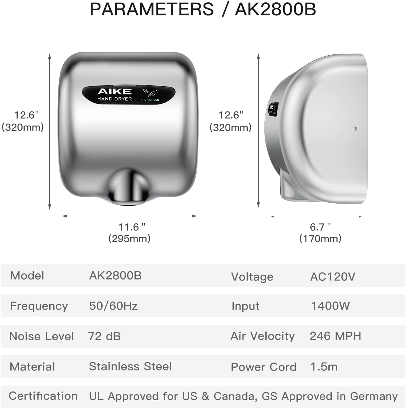AIKE Surface Mounted High Speed Commercial Hand Dryer CUL Approved 120V 1500W, Brushed Stainless Steel Finish Model AK2800B