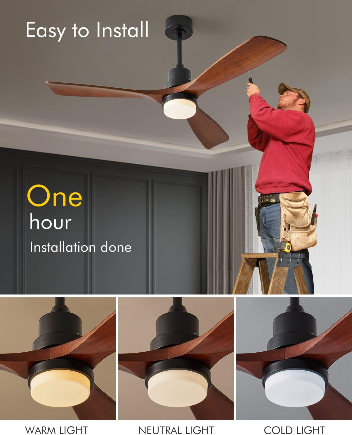 Chriari Ceiling Fans with Lights, 3 Wood Fan Blades, 52" Black Classical Style Fan with Remote Control, Noiseless Reversible DC Motor for Bedroom/Living Room/Study/Porch