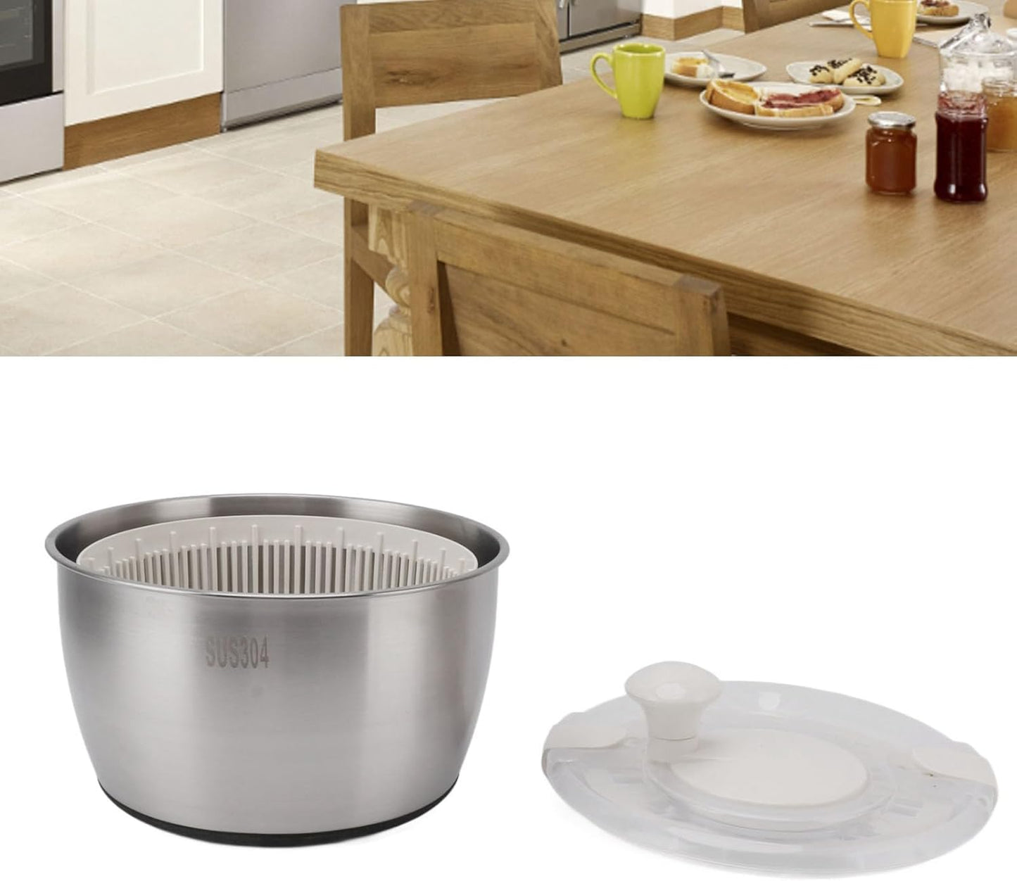 Stainless Steel Salad Spinner, Large Capacity Lettuce Spinner, Manual Rotation Vegetable Dryer Fruit Washer, Double Layer Drain Basket for Kitchen