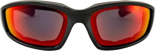 Birdz Eyewear Oriole Padded Motorcycle Riding Sunglasses Gloss Black Frames Red G-Tech Reflective Lenses