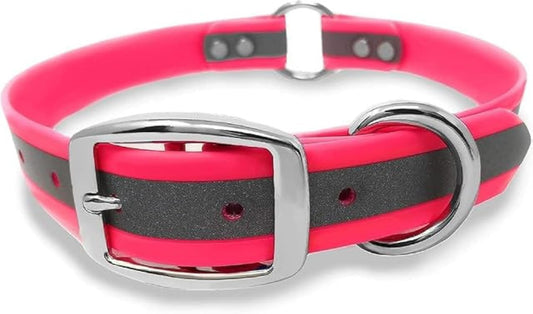 Regal Dog Products Large Pink Heavy Duty Reflective Dog Collar with Center Ring, Metal Buckle and D Ring | Anti-Odor Adjustable Biothane Waterproof Dog Collar | Other Sizes for Small & Medium Dogs