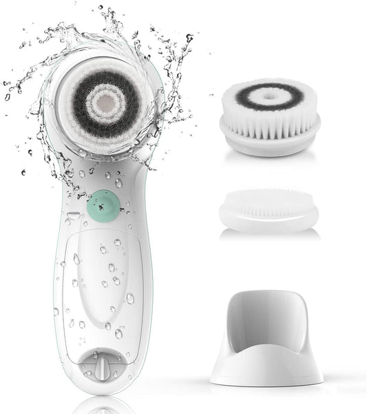 TOUCHBeauty Facial Cleansing Brush Electric, Face Cleansing Brush with Stand, 3 Brush Heads, 2 Speeds, IPX5 Waterproof, Battery-Powered, Suitable for All Skin Types, AG-0759D, White