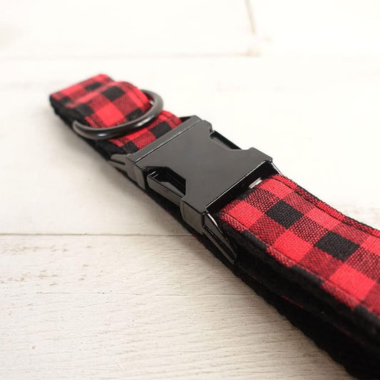 PETDURO Personalized Buffalo Plaid Dog Collar Red Black - Engraved Name and Phone Number on Black Metal Buckle - Custom for Small Medium Large Boy Girl Dogs - Add Leash Bow Tie via Customize Now - PuriLite