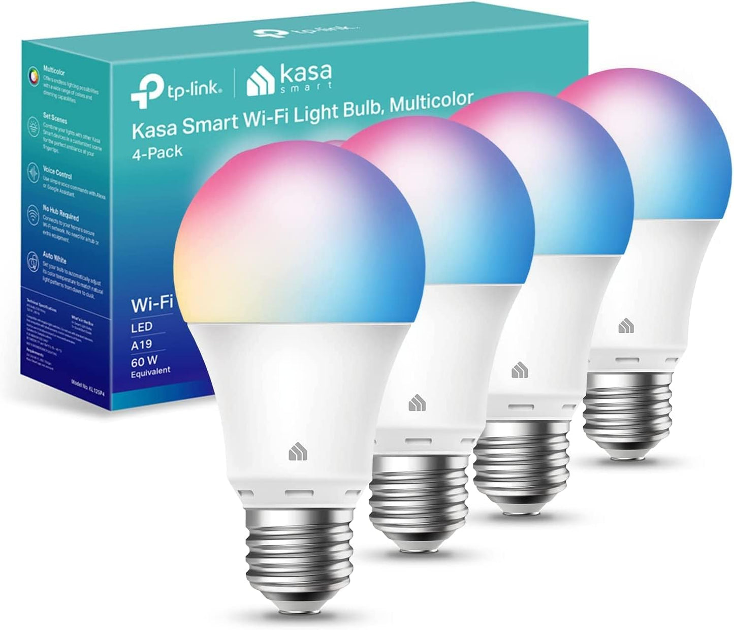 Kasa Smart Light Bulbs, Full Colour Changing Dimmable Smart WiFi Bulbs Compatible with Alexa and Google Home, A19, 9W 800 Lumens,2.4Ghz only, No Hub Required, 2-Pack (KL125P2), Multicolour