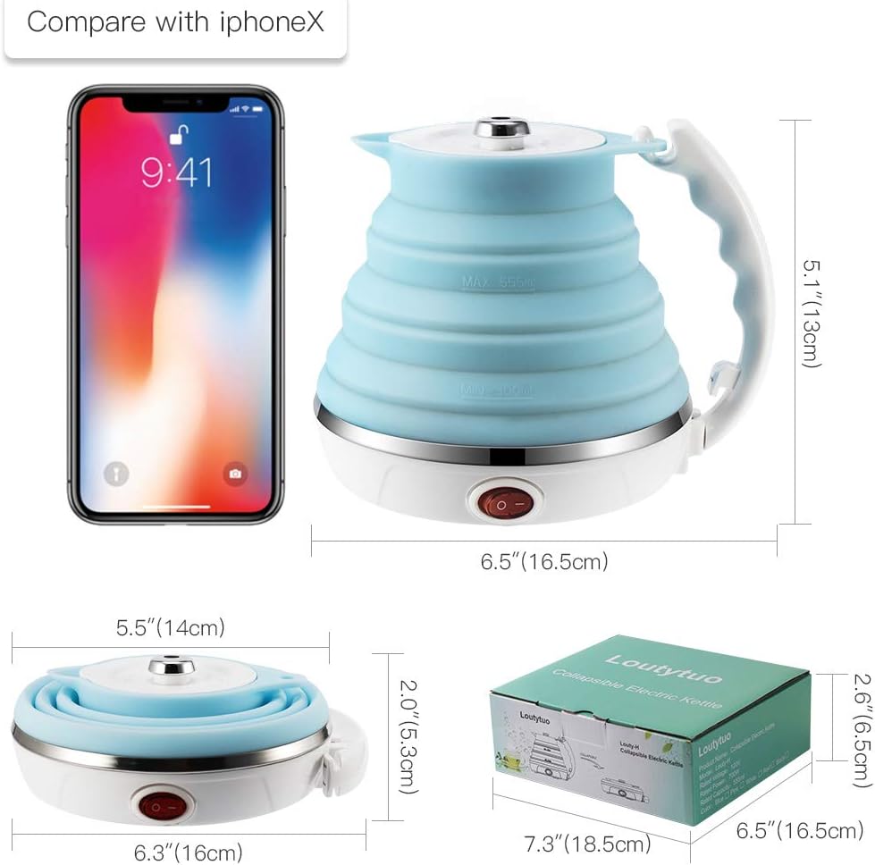120V 555ML Ultrathin Travel Foldable Electric Kettle with Separable Power Cord and Handle, Boil Dry Protection, Food Grade Silicone